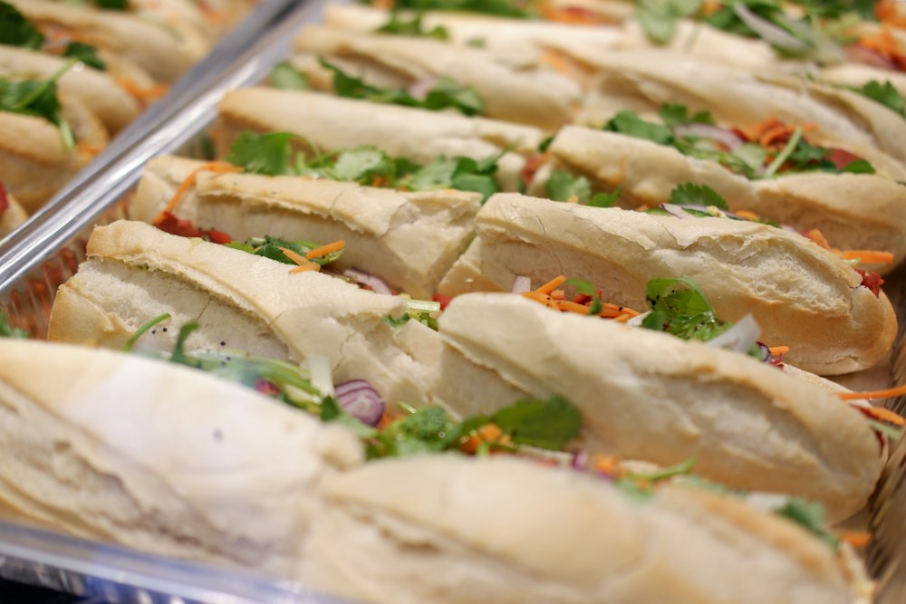Stock photo of a tray of baguette sandwiches